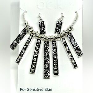 BELK Silver Tone and Black Design Bib necklace and Fish Hook Earring